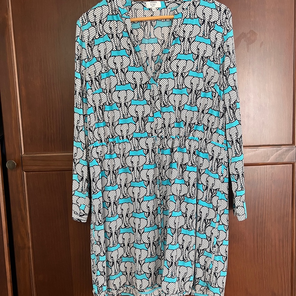 Whimsical Elephant Print Midi Shirt Dress in Turquoise Tie Waist 10P